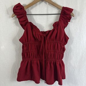 Shein Red Milkmaid Ruched Tie Cap Sleeve Coquette Regal Top Size L Feminine Boho